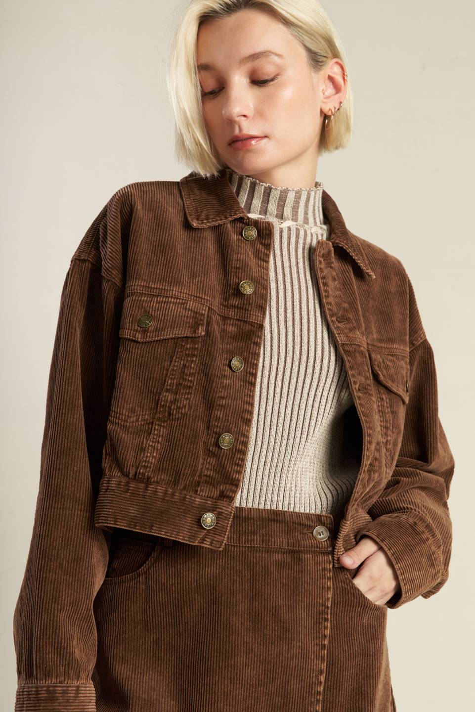 An opulent, cropped corduroy jacket with a washed finish. Matching Skort FP1283